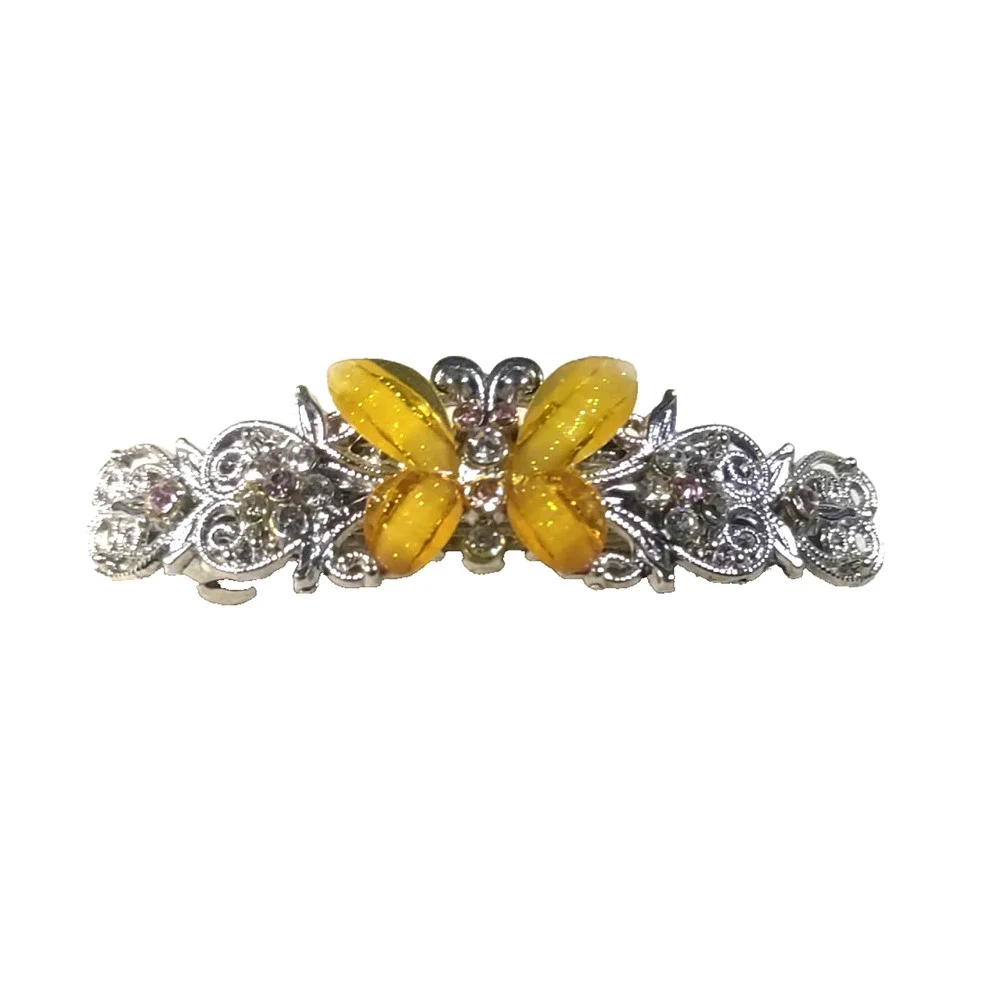 Silver Tone Yellow Butterfly Hair Barrette Tension Clip